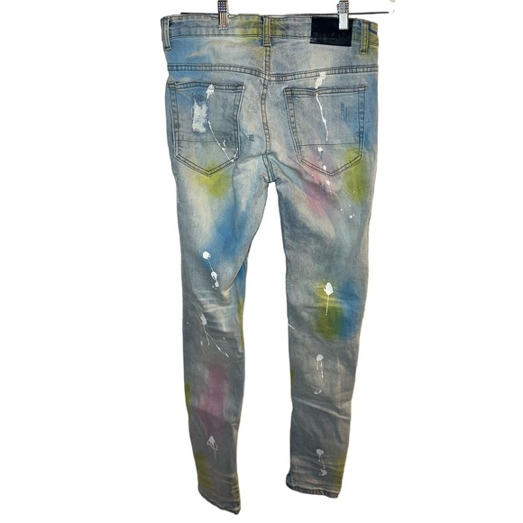 MAJESTIK mens stacked ripped paint splatter jeans Size 30 x 32 - Picture 2 of 4
